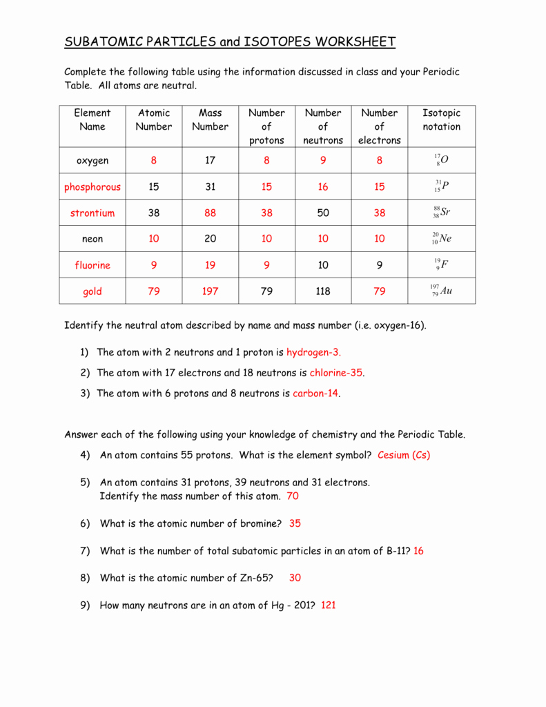 Isotopes Worksheet Answer Key New Subatomic Particles and isotopes Worksheet