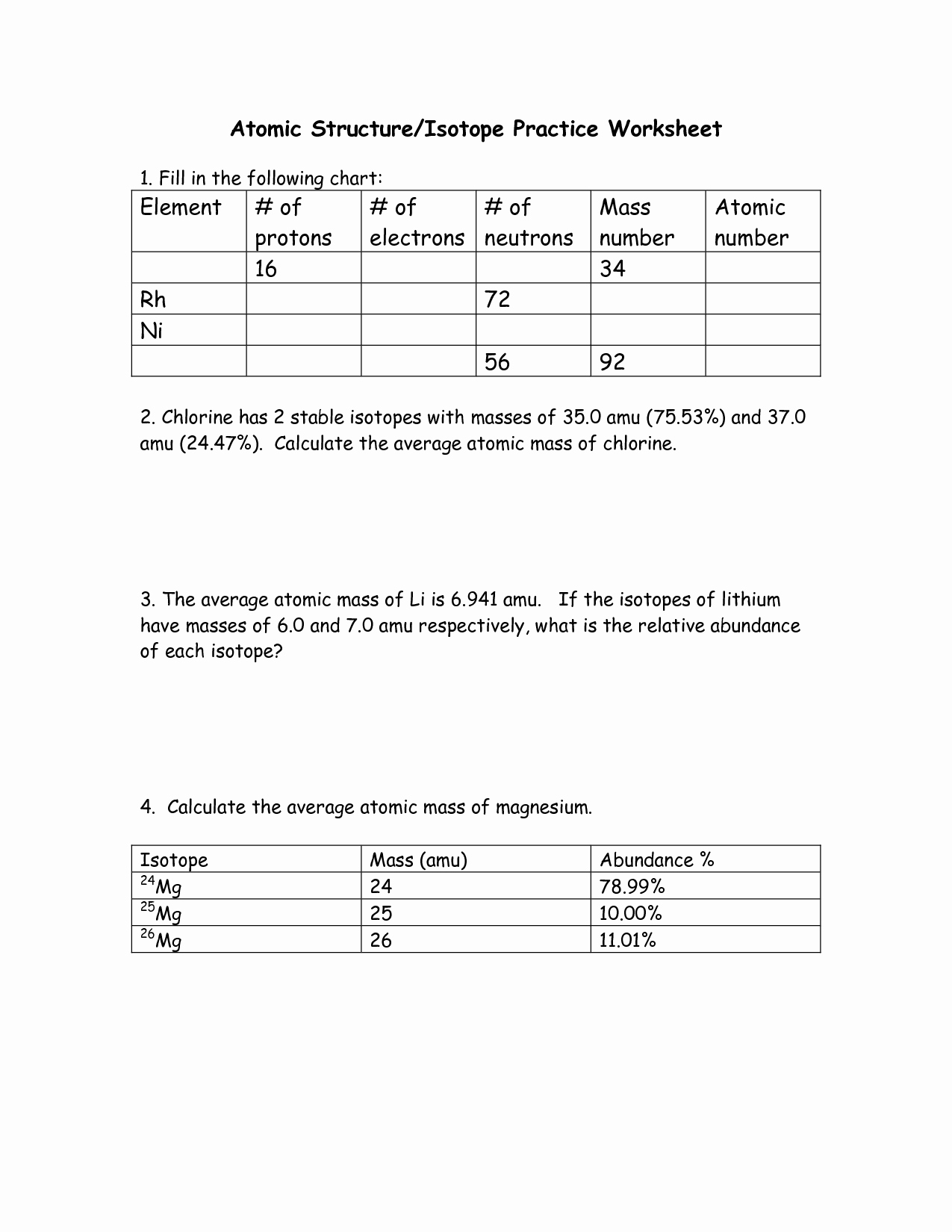 Isotopes Worksheet Answer Key