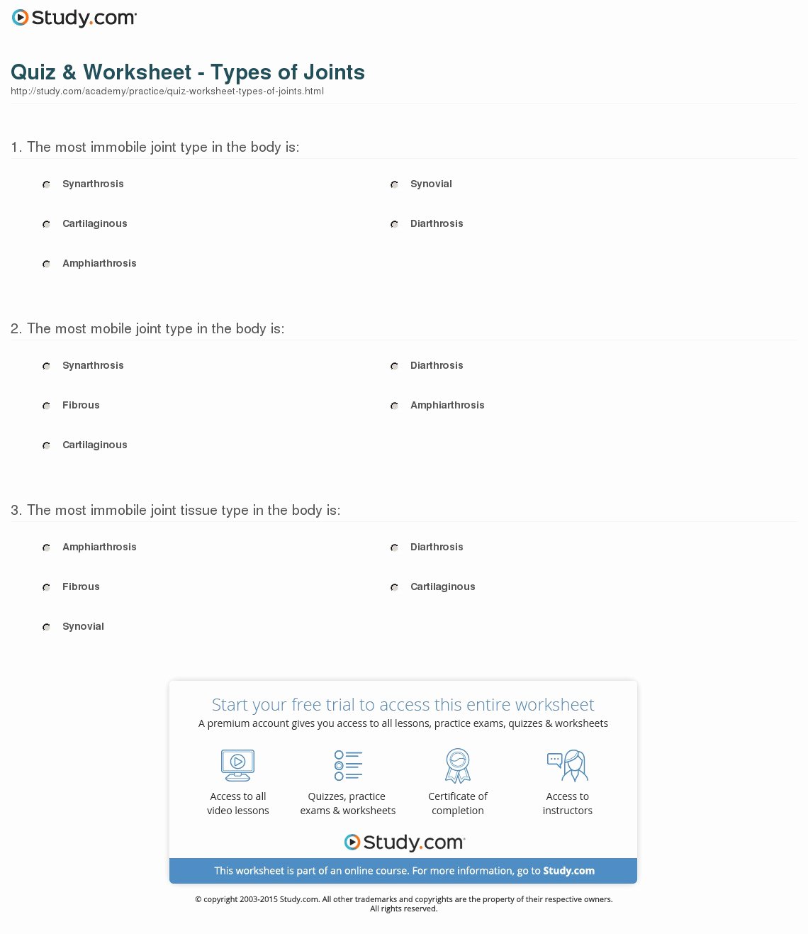 Joints and Movement Worksheet Unique Quiz &amp; Worksheet Types Of Joints