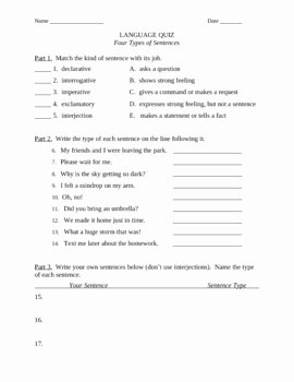 Kinds Of Sentences Worksheet Elegant Quiz or Worksheet for Four Types Of Sentences by Stephen