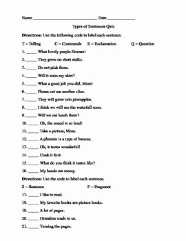 Kinds Of Sentences Worksheet Lovely Types Of Sentences Quiz by Jamie Harmon