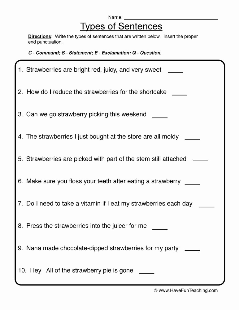 Kinds Of Sentences Worksheet New Identifying Types Of Sentences Worksheet