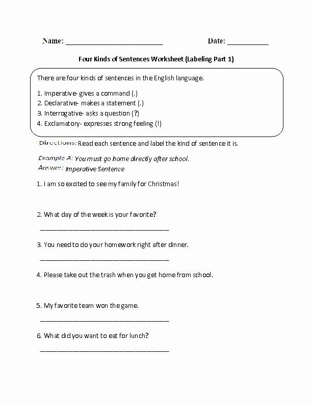 Kinds Of Sentences Worksheet New Types Sentences Worksheet
