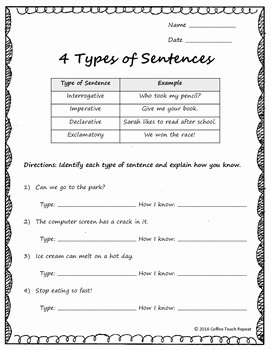 Kinds Of Sentences Worksheet Unique 4 Types Of Sentences Worksheet by Coffee Teach Repeat