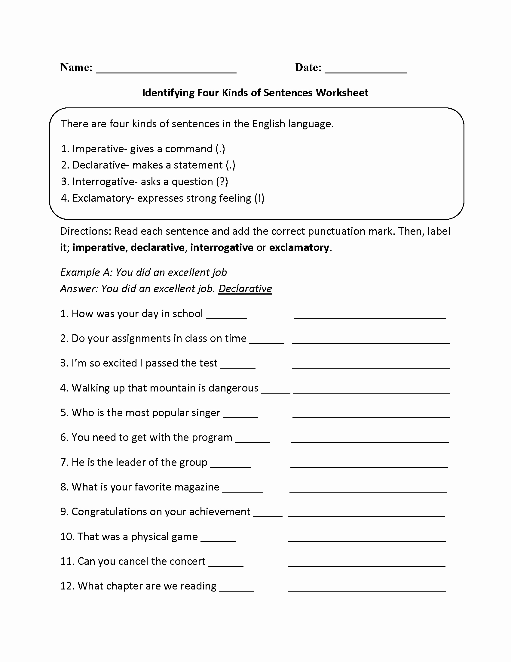 Kinds Of Sentences Worksheet Unique Practicing Four Kinds Of Sentences Worksheet
