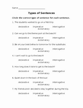 Kinds Of Sentences Worksheet Unique Types Of Sentences Worksheet by Emily Snipes