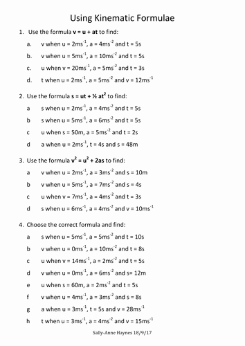 Kinematics Practice Problems Worksheet Unique Using Kinematic formulae Worksheet by Sallyannehaynes