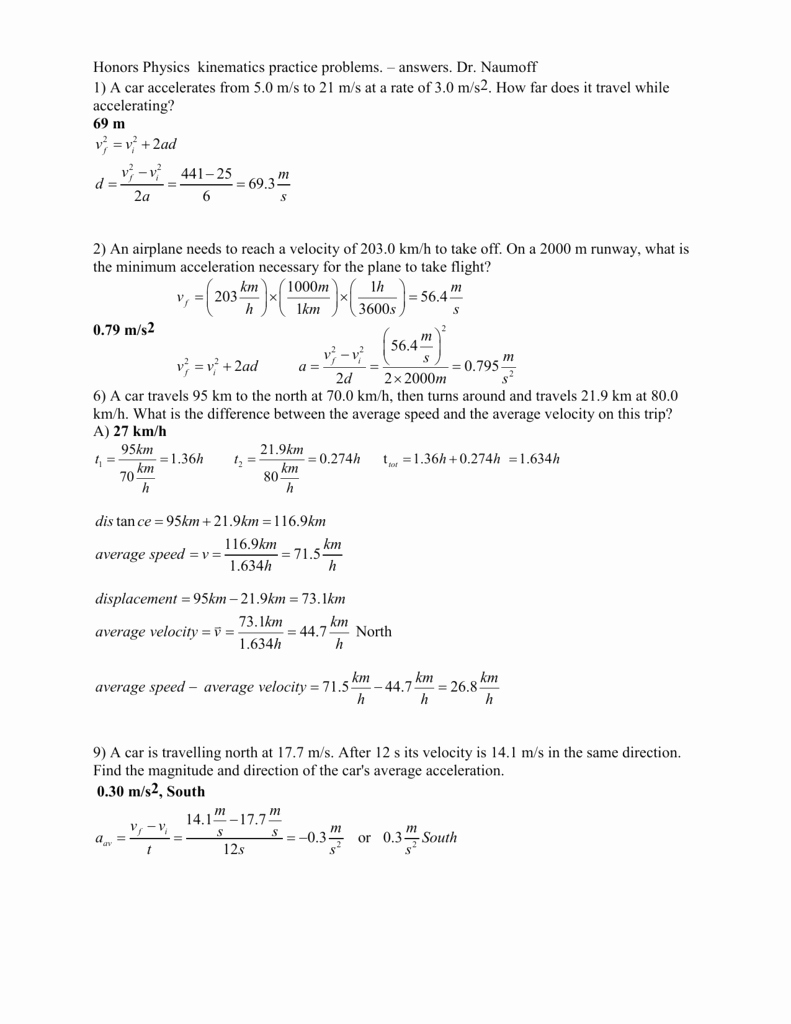 Kinematics Worksheet with Answers New Honors Physics Kinematics Practice Problems – Answers Dr