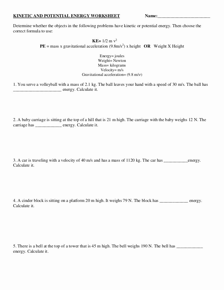 Kinetic and Potential Energy Worksheet Lovely Kinetic and Potential Energy Worksheet