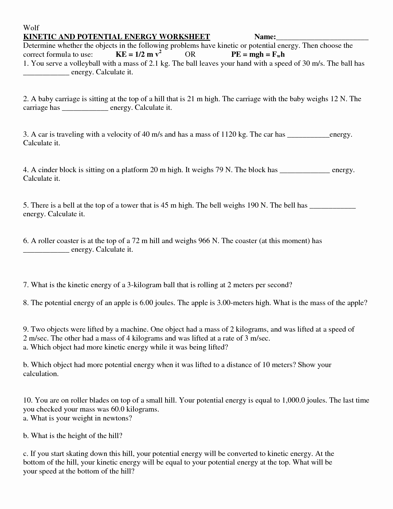 Kinetic and Potential Energy Worksheet New 13 Best Of Kinetic Energy Worksheets Middle School