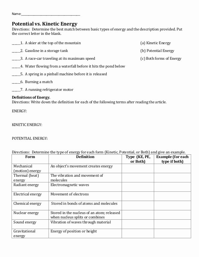 Kinetic and Potential Energy Worksheet New Potential Vs Kinetic Energy