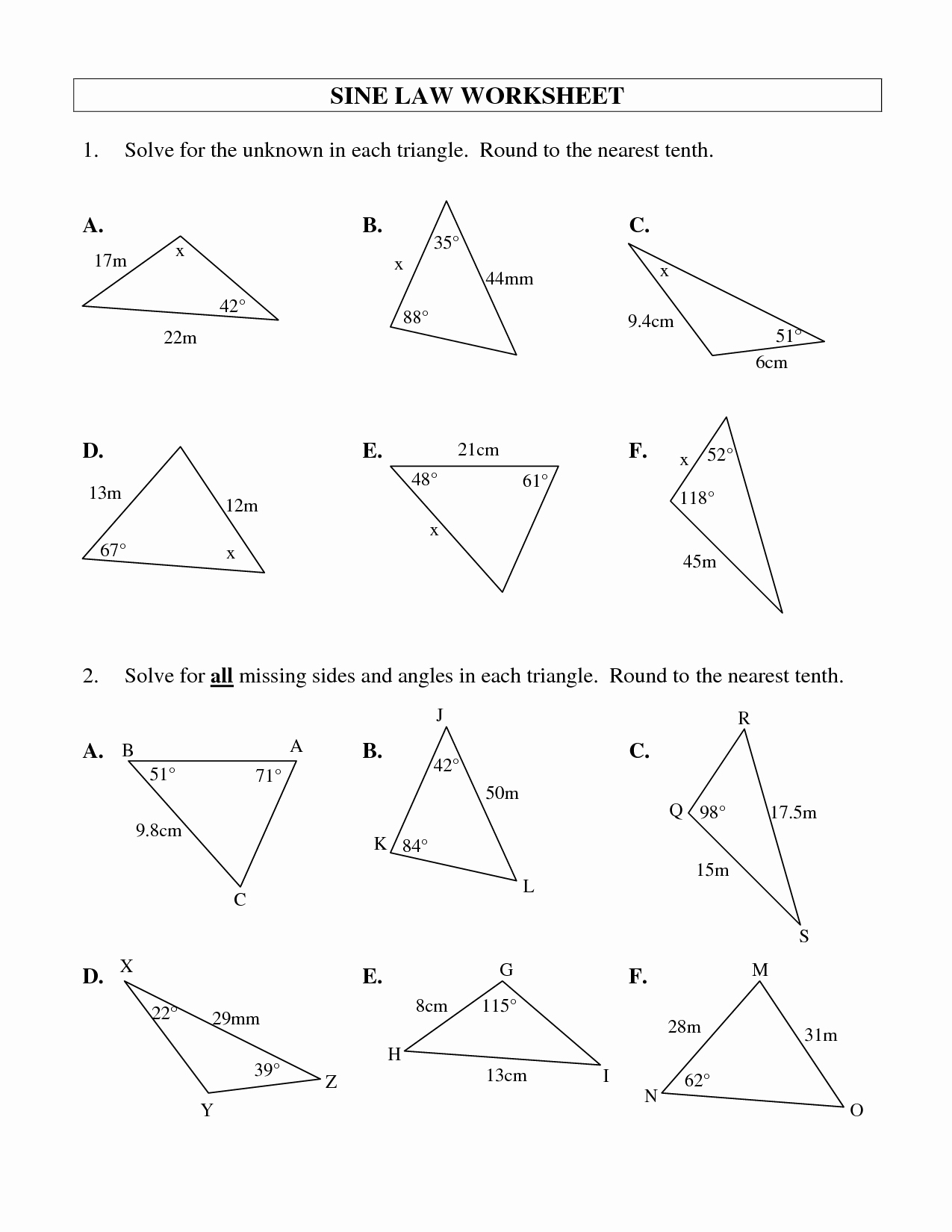 Law Of Cosines Worksheet Inspirational 8 Best Of Law Cosines Worksheet Answers Law Of