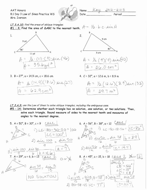 Law Of Sines Worksheet Answers Beautiful 8 1 Day 3 Law Of Sines Practice Ws Answer Key 2012 2013 Pdf