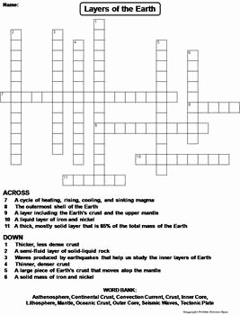 Layers Of the Earth Worksheet Unique Layers Of the Earth assessment Worksheet Crossword Puzzle