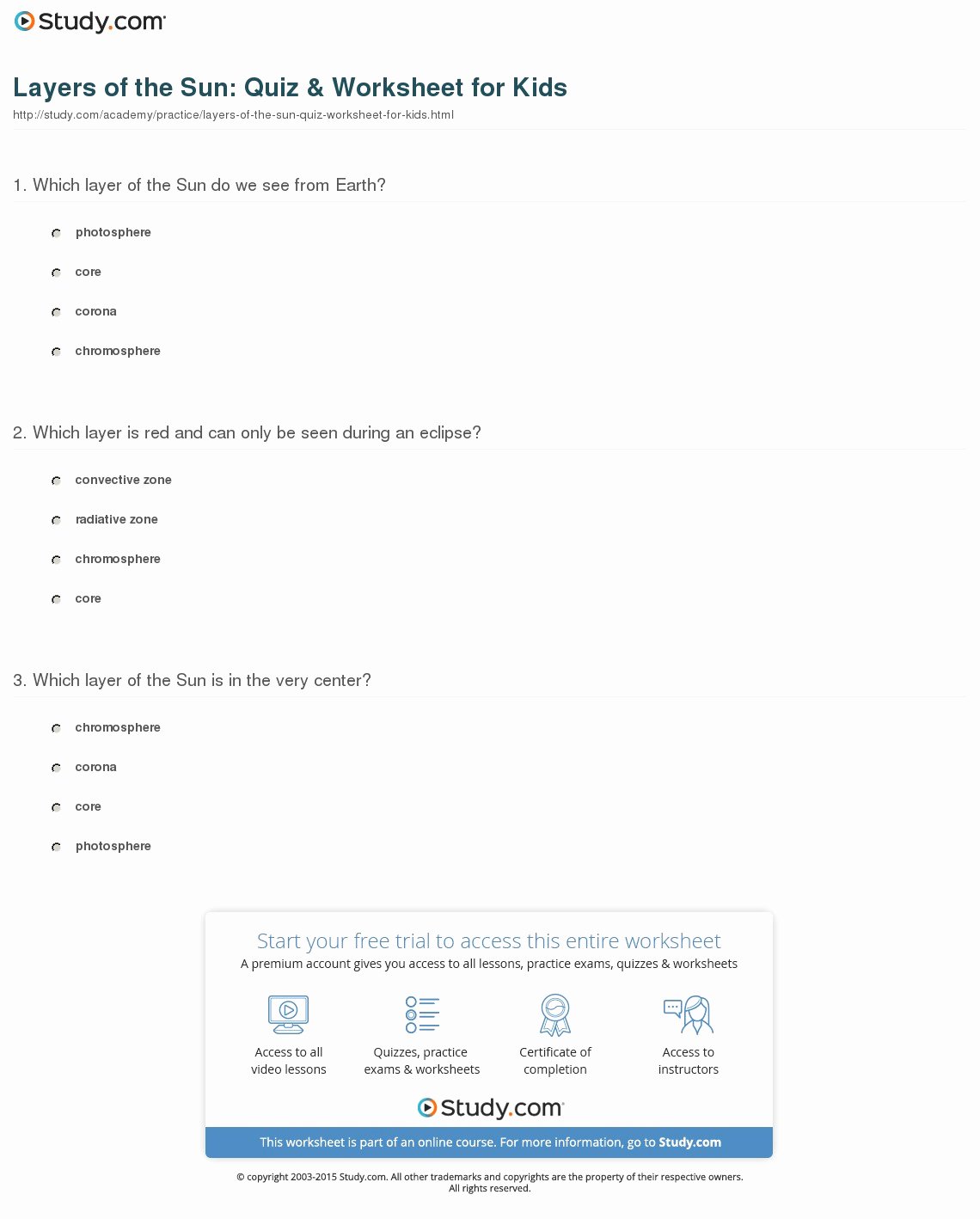 Layers Of the Sun Worksheet Best Of Layers Of the Sun Quiz &amp; Worksheet for Kids
