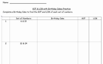 Lcm and Gcf Worksheet Beautiful Gcf &amp; Lcm Birthday Cake Method Practice Worksheet