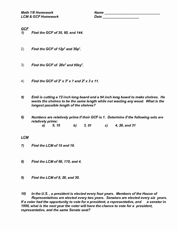 Lcm and Gcf Worksheet Beautiful Ten Lcm and Gcf Problems Containing Variables Worksheet
