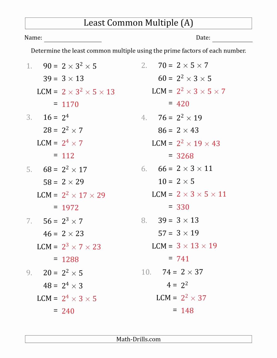 Least Common Multiple Worksheet Awesome Least Mon Multiples Of Numbers to 100 From Prime