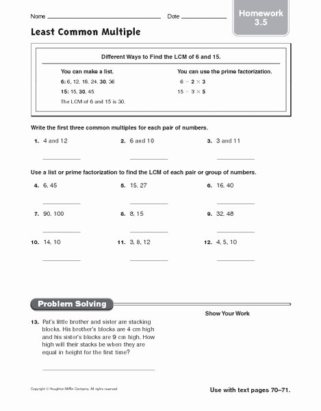 Least Common Multiple Worksheet Lovely Least Mon Multiple Homework 3 5 Worksheet for 6th