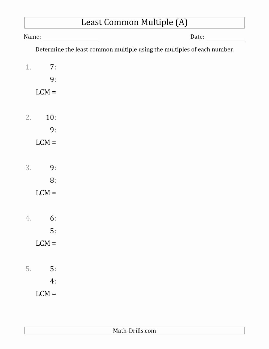 Least Common Multiple Worksheet Luxury Least Mon Multiple From Multiples Of Numbers to 10 Lcm
