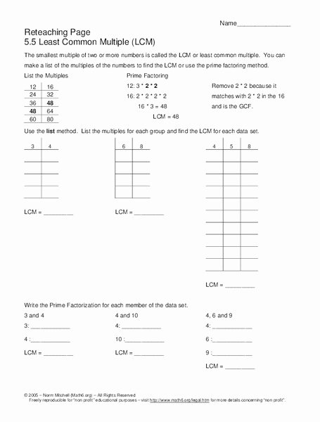 Least Common Multiple Worksheet Unique Finding the Least Mon Multiple Worksheet for 6th Grade