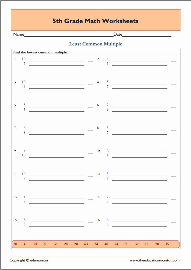 Least Common Multiple Worksheet Unique Least Mon Multiple Worksheets 5th Grade Edumonitor