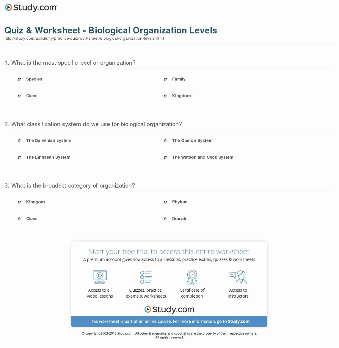 Levels Of organization Worksheet Elegant Quiz &amp; Worksheet Biological organization Levels