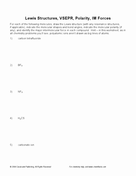 Lewis Structure Worksheet with Answers Elegant Lewis Structures Vsepr Polarity Im forces Worksheet for