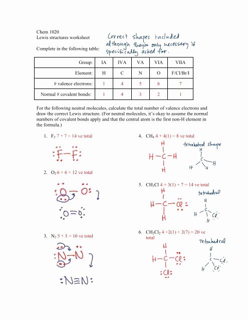 Lewis Structure Worksheet with Answers Lovely Chem 1020 Lewis Structures Worksheet Plete In the