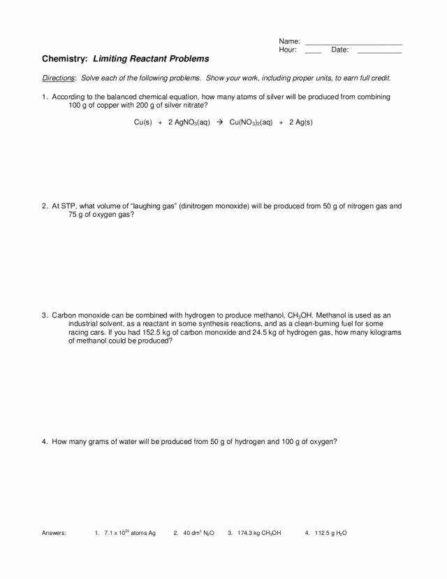 Limiting Reactant Worksheet Answers Inspirational Limiting Reactant Worksheet