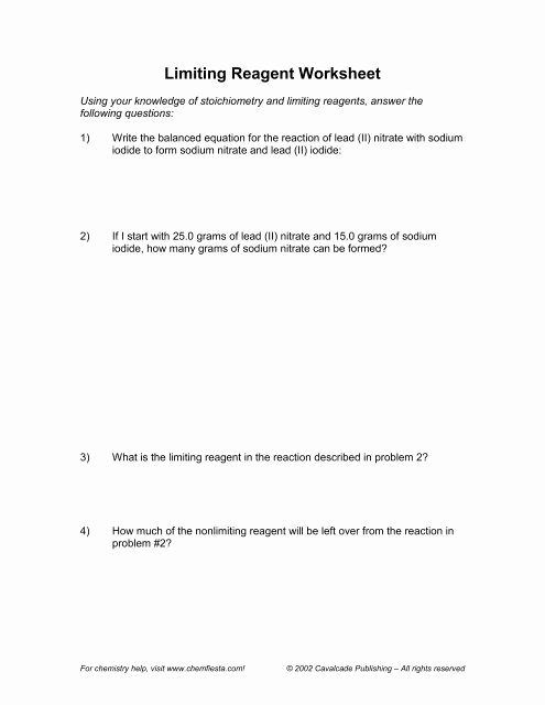 Limiting Reactant Worksheet Answers Luxury Limiting Reagent Worksheet C 2002 Cavalcade Publishing