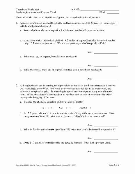 Limiting Reactant Worksheet Answers New Limiting Reagent Worksheet Answers