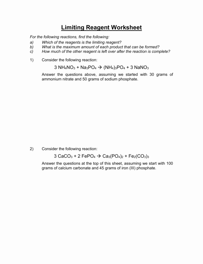 Limiting Reactant Worksheet Answers Unique Limiting Reagent Worksheet