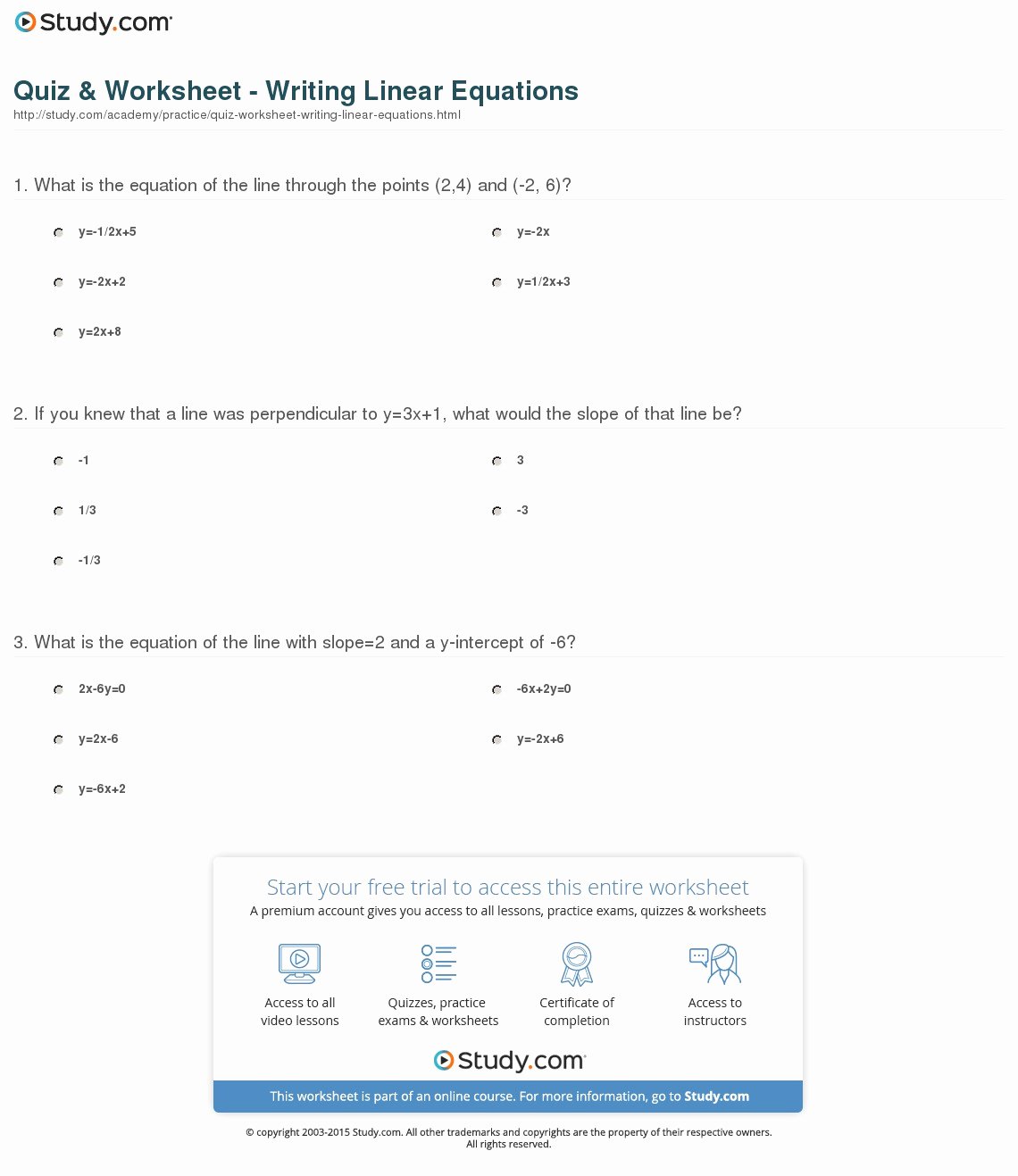 Linear Equation Worksheet with Answers Unique Quiz &amp; Worksheet Writing Linear Equations