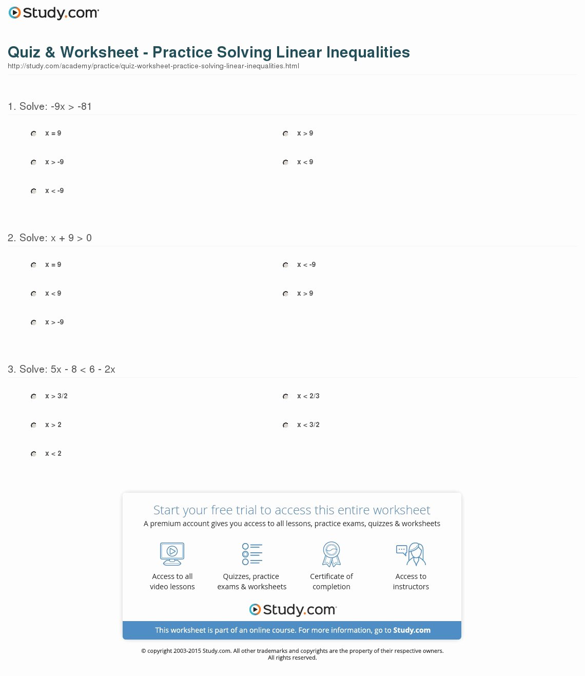 Linear Equations and Inequalities Worksheet Best Of Quiz &amp; Worksheet Practice solving Linear Inequalities