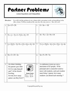 Linear Equations and Inequalities Worksheet Luxury Partner Problems Linear Equations and Inequalities 9th