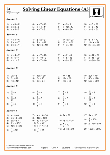 Linear Equations Worksheet Pdf Elegant solving Linear Equations by Cazoommaths