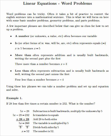 Linear Equations Worksheet Pdf New Sample Word Problem Worksheet 9 Examples In Pdf Word