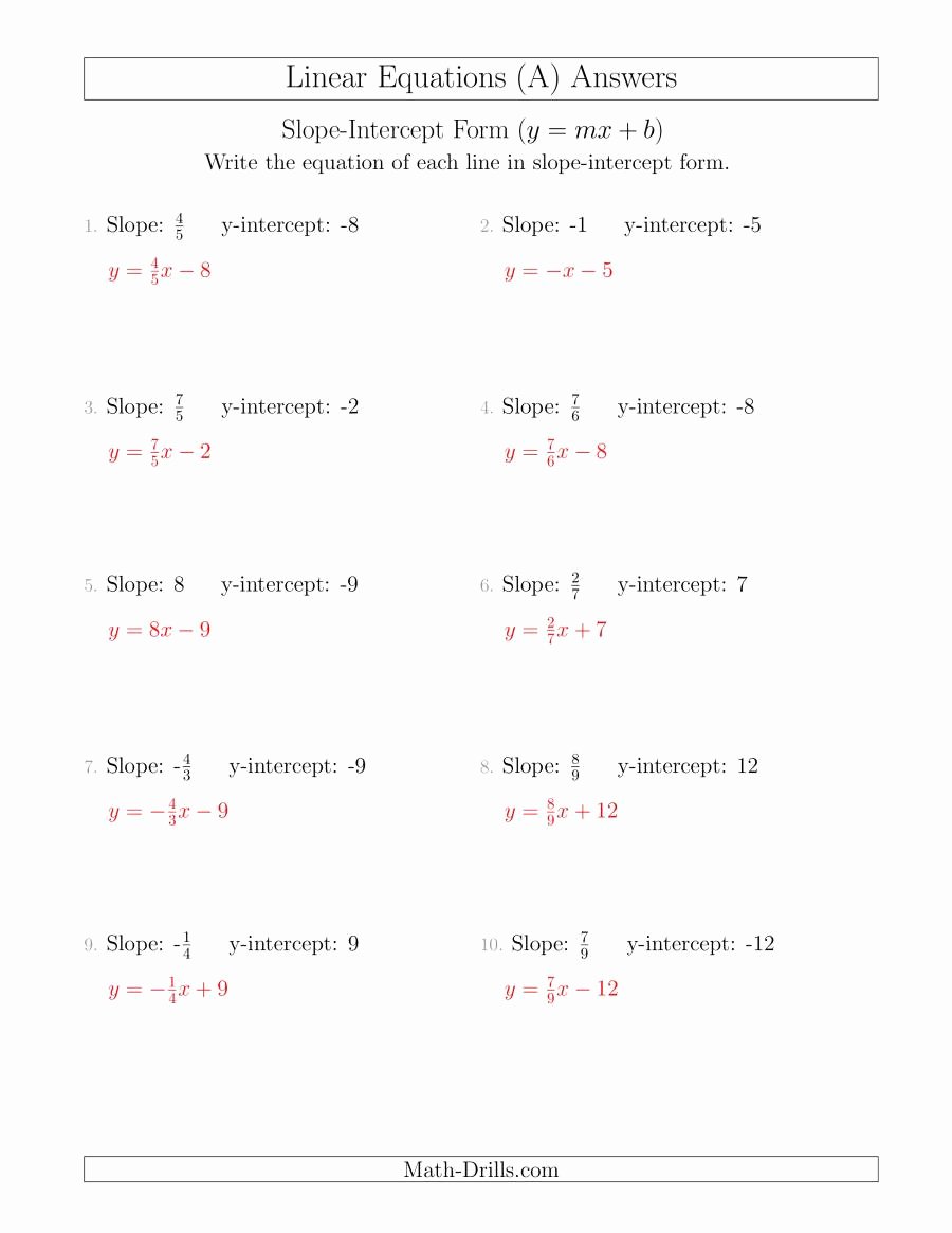 Linear Equations Worksheet with Answers Unique Writing A Linear Equation From the Slope and Y Intercept A