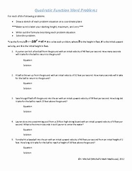 Linear Functions Word Problems Worksheet Luxury Quadratics Functions Word Problems by Mitchell S Math