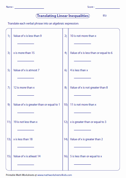 Linear Inequalities Word Problems Worksheet Inspirational Translating Phrases Into Algebraic Expressions Worksheets