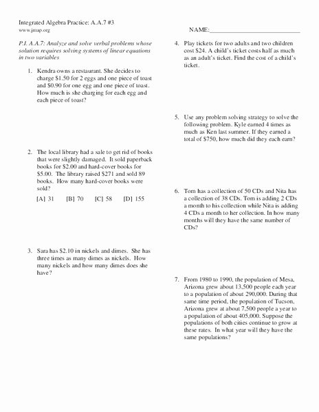Linear Word Problems Worksheet Luxury Printables Systems Linear Equations Word Problems
