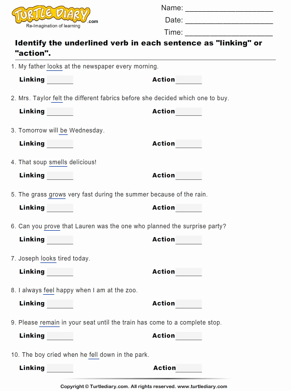 Linking and Helping Verbs Worksheet Best Of Action Verbs Linking Verbs Worksheet Turtle Diary