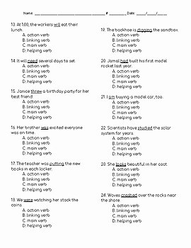 Linking and Helping Verbs Worksheet Elegant Verbs Quiz Action Linking Helping Main by