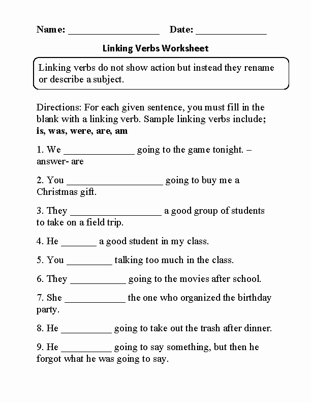 50 Linking And Helping Verbs Worksheet