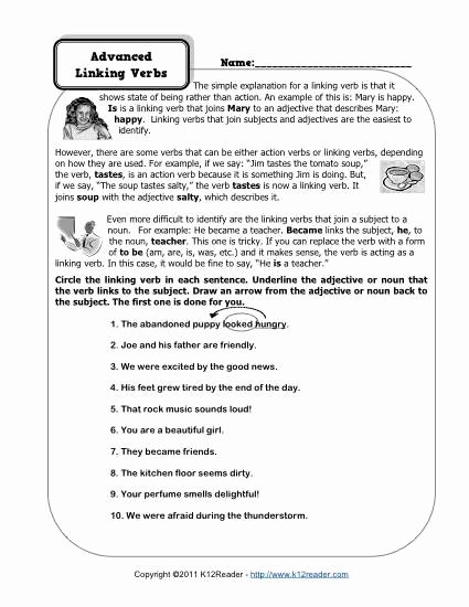 Linking and Helping Verbs Worksheet Inspirational Advanced Linking Verb Worksheets