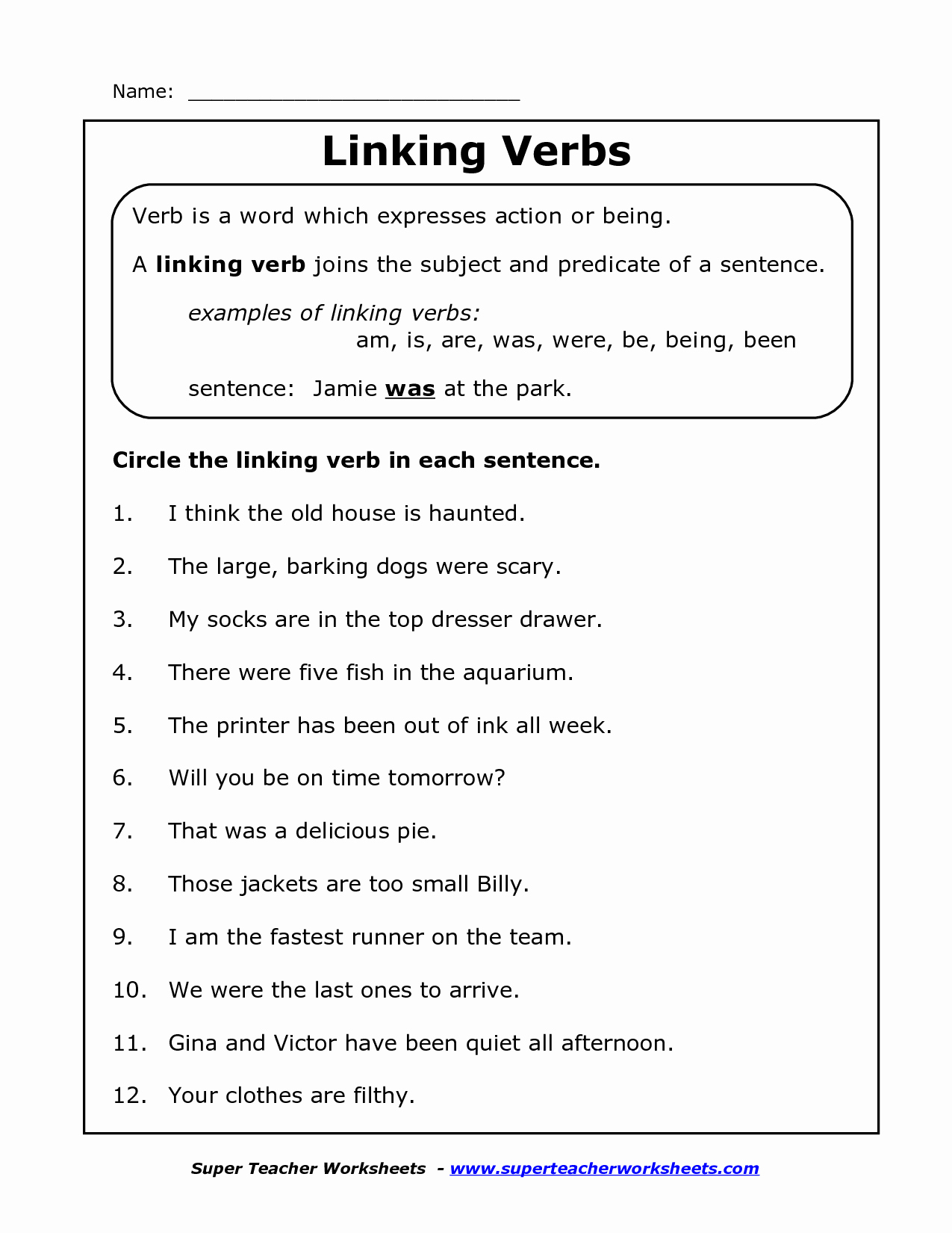 Linking Helping Verbs Worksheet