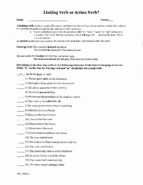 Linking and Helping Verbs Worksheet Unique Linking Verb or Action Verb Worksheet for 5th 7th Grade