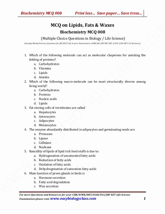 Lipids Worksheet Answer Key Best Of Mcq On Lipids Fats and Waxes with Answer Key and