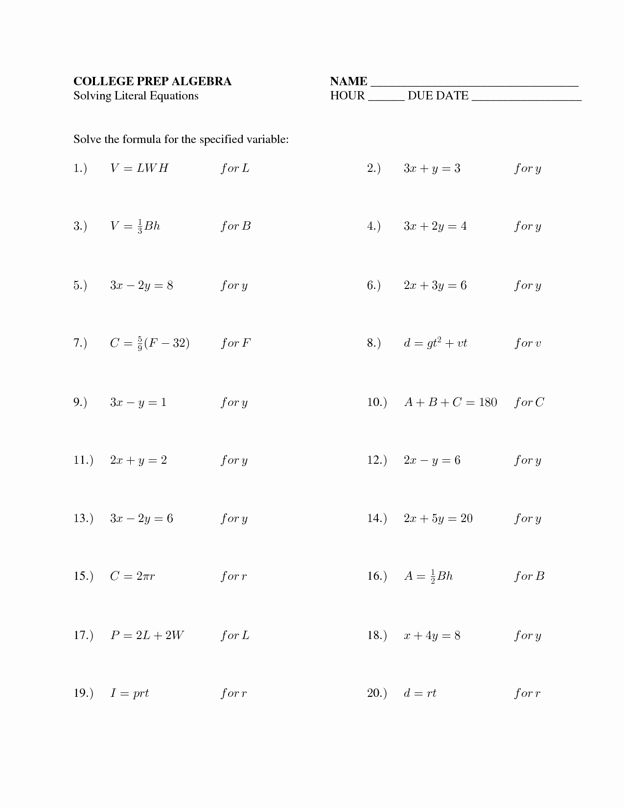 Literal Equations Worksheet Algebra 1 Inspirational Algebra I Mr G